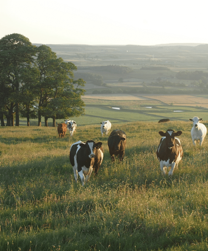 Herd of grass fed cows in a field